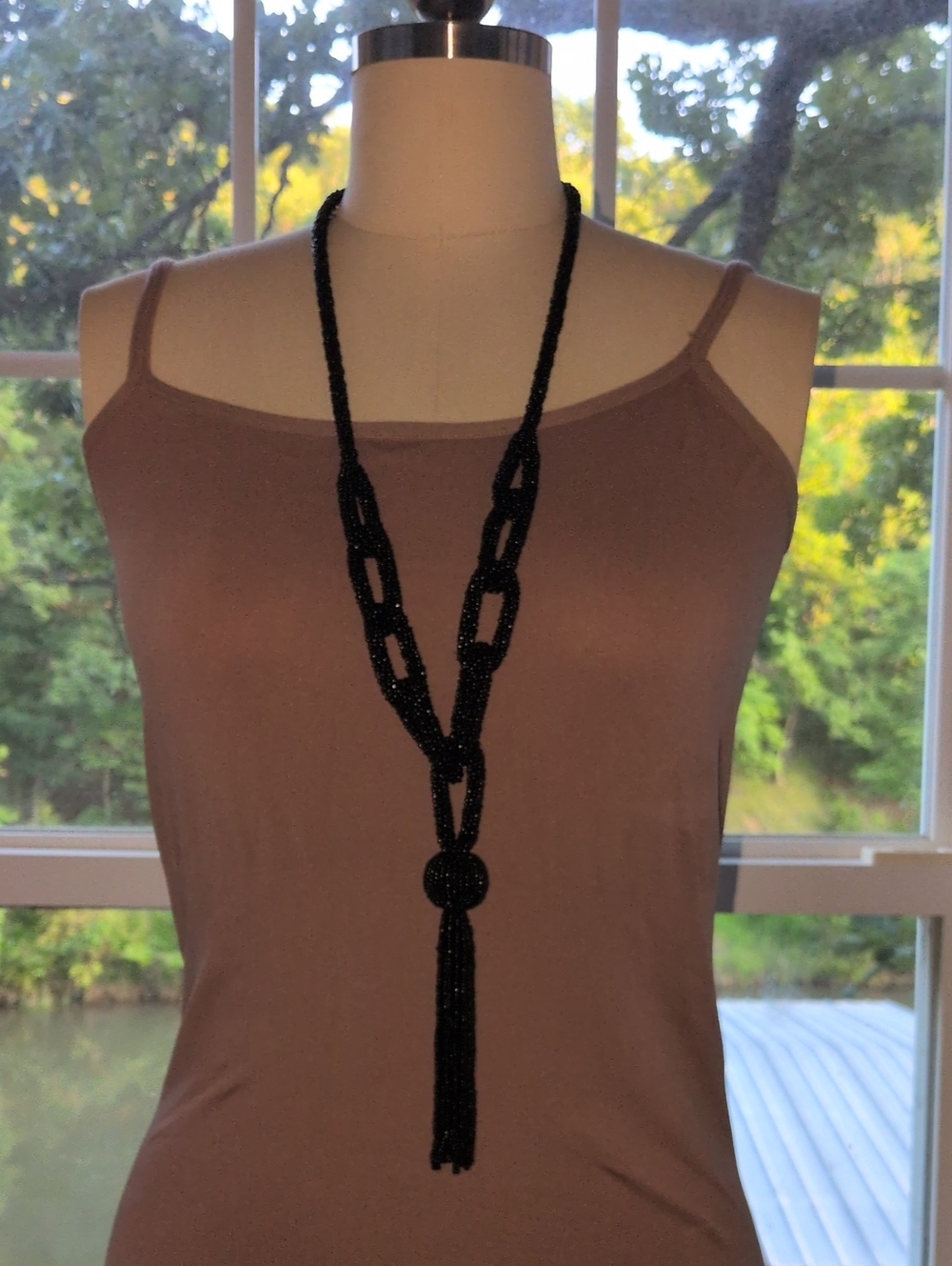 Black Beaded Long Tassel Necklace - Unbranded